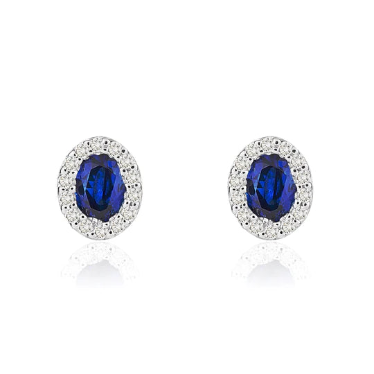 18ct White Gold Oval 0.47ct Sapphire & 0.08ct Diamond 4mm x 3mm Cluster Stud Earrings