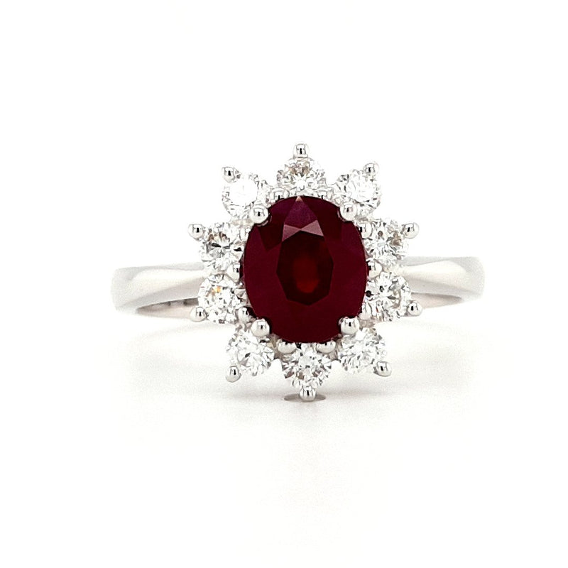18ct White Gold Ruby and Diamond Cluster Engagement Ring
