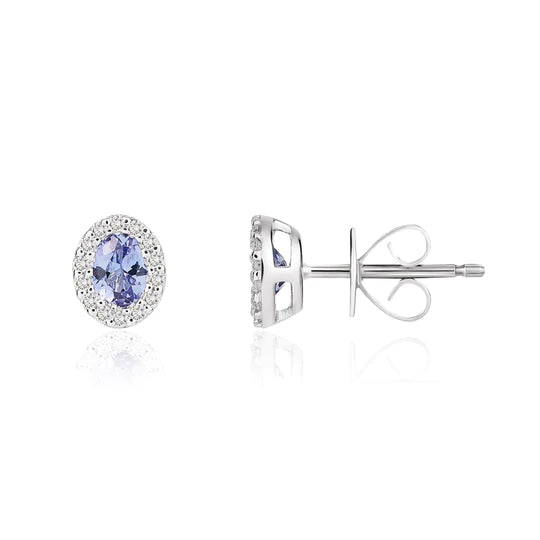 18ct White Gold Oval Tanzanite & Diamond 4mm x 3mm Cluster Stud Earrings