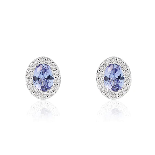 18ct White Gold Oval 0.33ct Tanzanite & 0.08ct Diamond 4mm x 3mm Cluster Stud Earrings