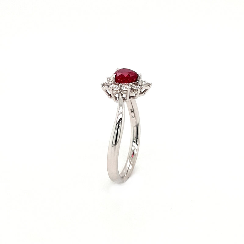 18ct White Gold Heart 1.02ct Ruby and 0.83ct Diamond Cluster Engagement Ring