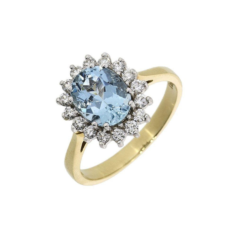 18ct Gold Oval Aqua Marine and Diamond Cluster Ring