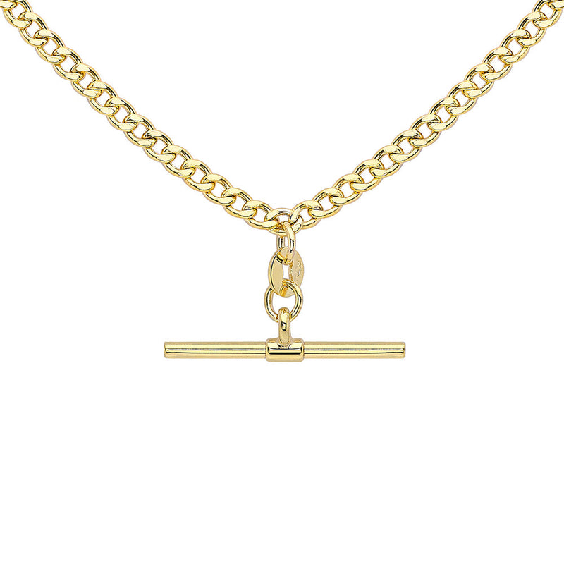 9ct Gold 25mm x 2mm T-Bar Hollow Diamond Cut Curb Albert Clasp Necklace 