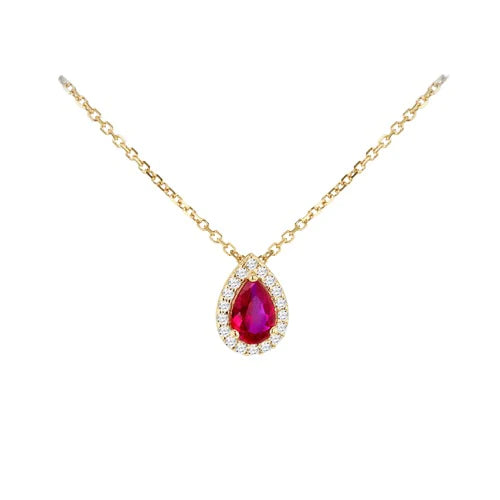 9ct Gold Red Pear Cubic Zirconia Halo Pendant Necklace