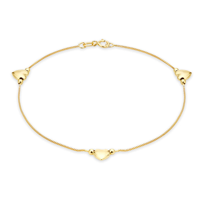 9ct Gold 3 Hearts Charm 18cm Box Chain Bracelet