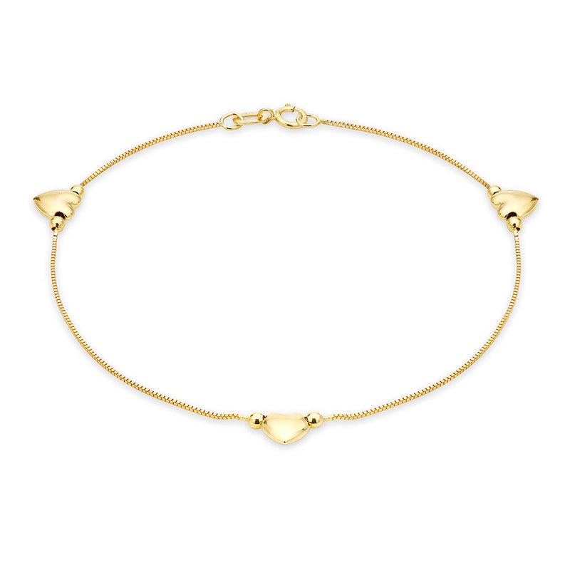 9ct Gold 3 Hearts Charm 26cm Box Chain Anklet