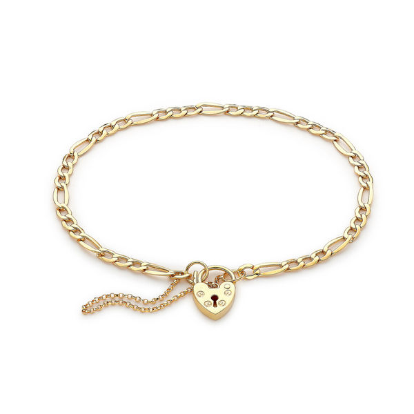 9ct Gold Figaro Link Heart Padlock Bracelet