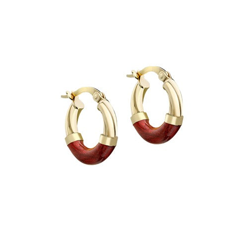 9ct Gold 16.5m Red Enamel Hoop Creole Earrings