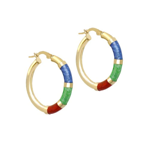 9ct Gold 26.5mm 3 Colour Enamel Creole Hoop Earrings