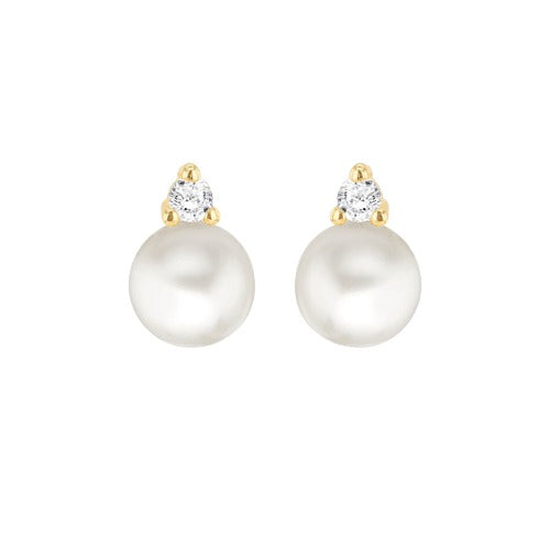 9ct Gold Freshwater Pearls with Round Cubic Zirconia Stud Earrings