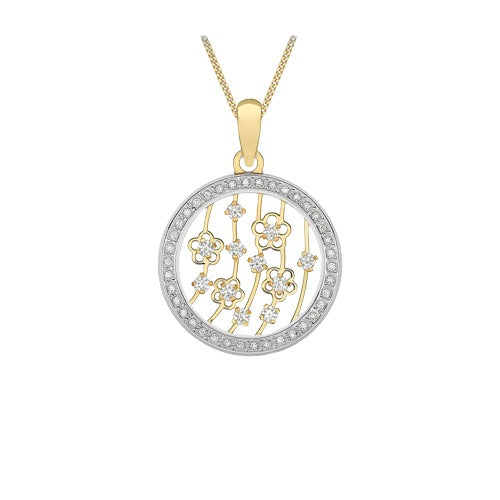 9ct Gold Cubic Zirconia 16.8mm Disc & Flower Pendant Necklace