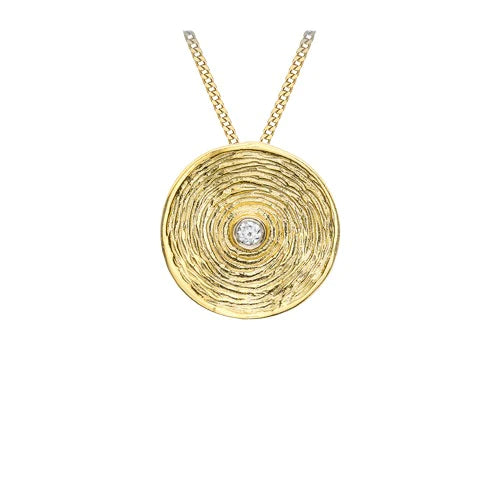 9ct Gold Cubic Zirconia Brushed Swirl Disc Pendant Necklace