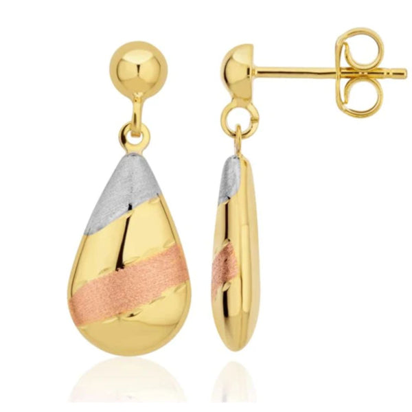 9ct Three Tone Gold Stripe Polished / Satin Drop Earrings