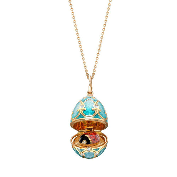 Fabergé Hertiage Yelloe Gold Diamond & Turquoise Guilloché Enamel Ladybird Surprise Locket Necklace 1151FP1905/110