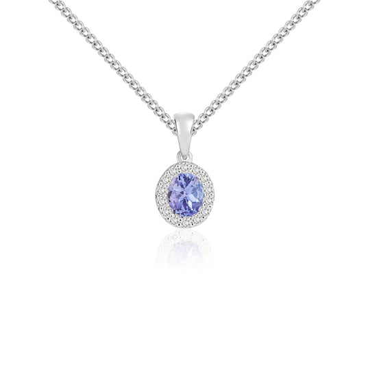 18ct White Gold Oval Tanzanite & Diamond 5mm x 4mm Cluster Pendant Necklace