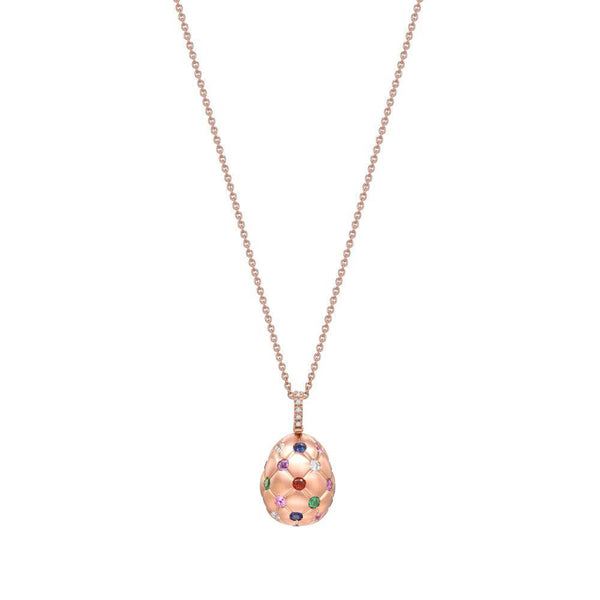 Fabergé Treillage Brushed Rose Gold & Multicoloured Gemstone Set Egg Pendant Necklace 158FP304/118