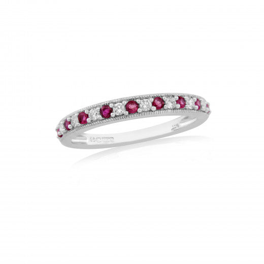 9ct White Gold Ruby and 0.11ct Diamond Half Eternity Ring