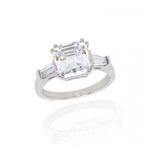 9ct White Gold Cubic Zirconia Asscher and Baguette Cut Ring