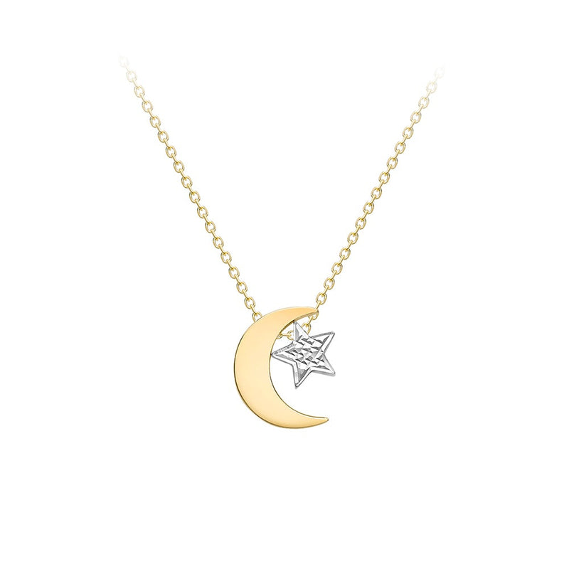 9ct 2-Colour Gold 10mm x 11.8mm Moon and Star Necklace