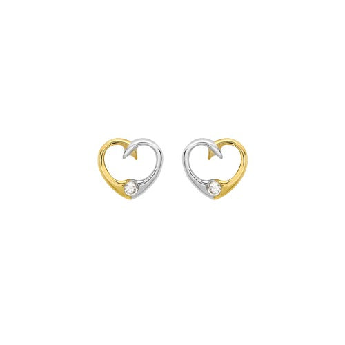 9ct 2 Tone 9mm Cubic Zirconia 9mm x 8mm Heart Stud Earrings