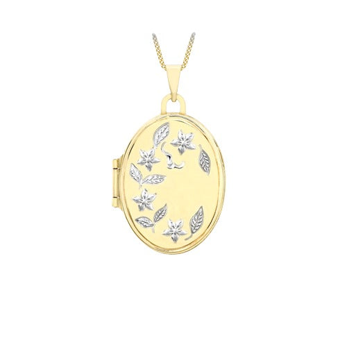 9ct Gold 2-Colour Gold 17mm x 24mm Floral Oval Locket Necklace