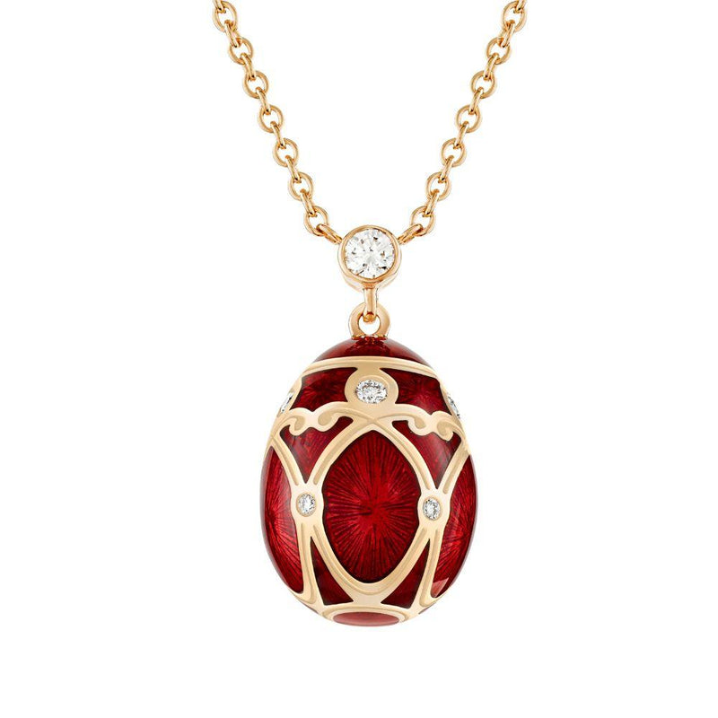 Fabergé Heritage Yelagin Rose Gold Diamond and Red Guilloché Enamel Petite Egg Pendant Necklace 213FP1862/25