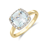 9ct Gold Cushion 0.74ct Aquamarine & 0.10ct Diamond Ring