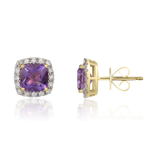 9ct Gold Cushion Amethyst and Diamond 6mm Cluster Stud Earrings
