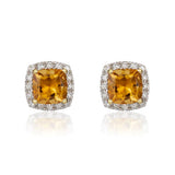 9ct Gold Cushion 1.96ct Citrine & 0.15ct Diamond 6mm Cluster Stud Earrings