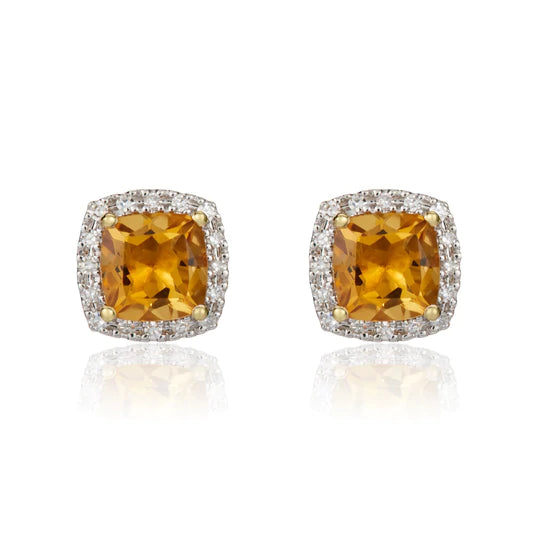 9ct Gold Cushion 1.96ct Citrine & 0.15ct Diamond 6mm Cluster Stud Earrings