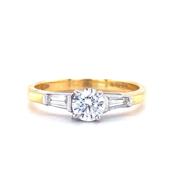 18ct Yellow Gold Round and Baguette Solitaire 0.49ct Diamond Engagement Ring