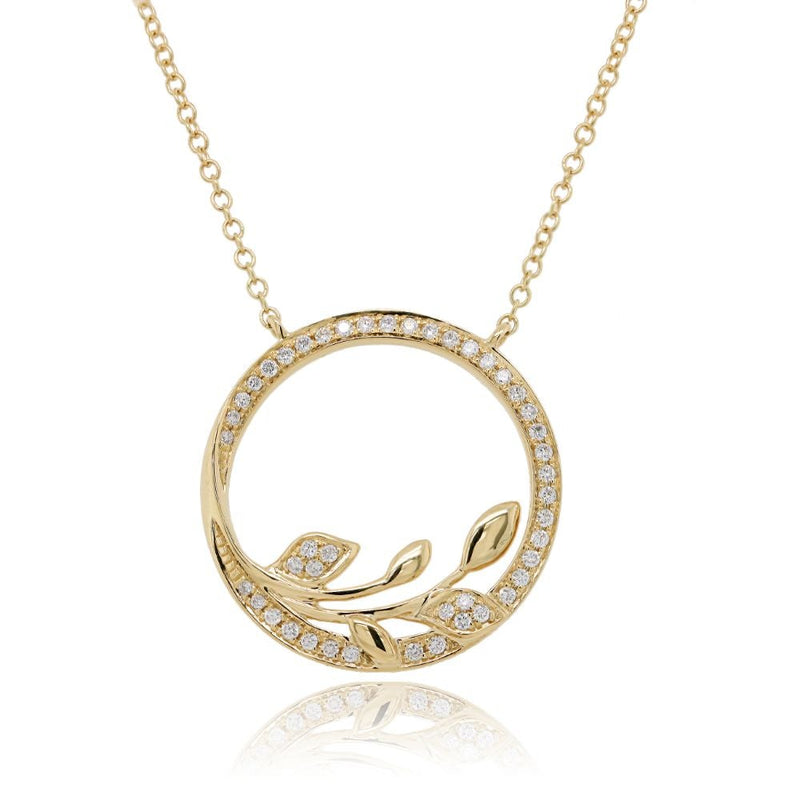 9ct Gold 0.15ct Diamond Leaf Circle Pendant Necklace