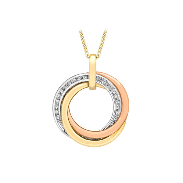 9ct 3-Colour Cubic Zirconia 17mm x 20mm Triple Ring Pendant Necklace