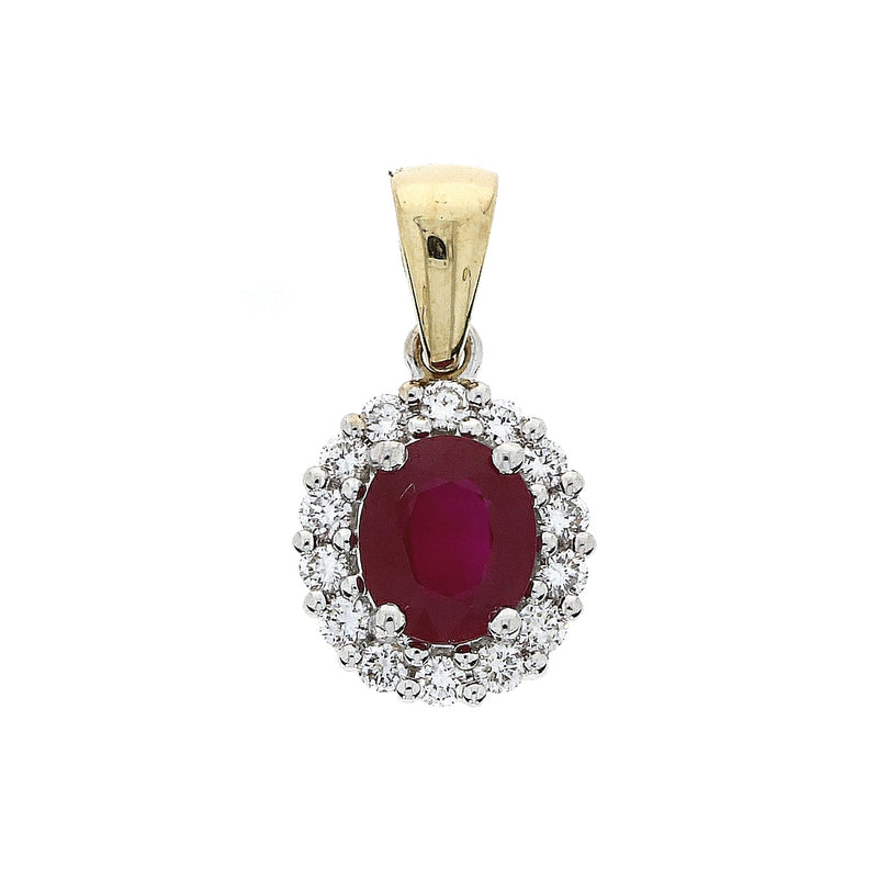 18ct Gold Oval 0.72ct Ruby & 0.20ct Diamond Cluster Pendant Necklace