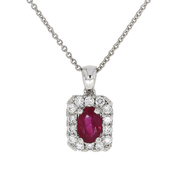 18ct White Gold Oval 0.60ct Ruby & 0.20ct Diamond Cluster Pendant Necklace
