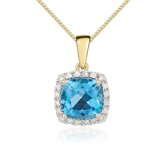 9ct Gold Cushion Blue Topaz & Diamond 8mm Cluster Pendant Necklace
