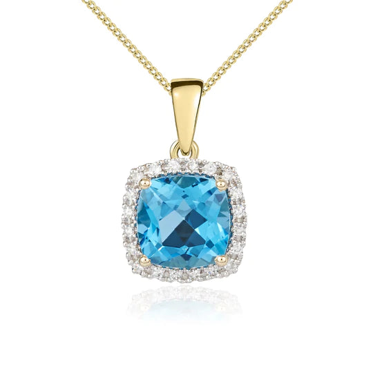 9ct Gold Cushion Blue Topaz & Diamond 8mm Cluster Pendant Necklace