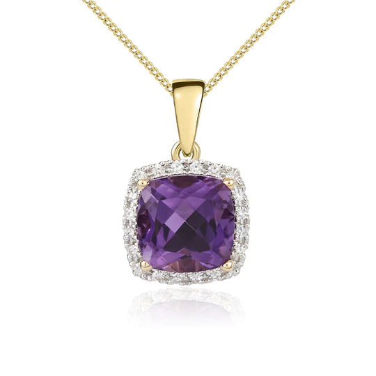 9ct Gold Cushion Amethyst and Diamond 8mm Cluster Pendant Necklace