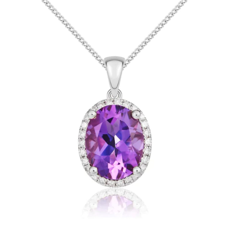 9ct White Gold 1.52ct Oval Amethyst & 0.10ct Diamond Pendant Necklace