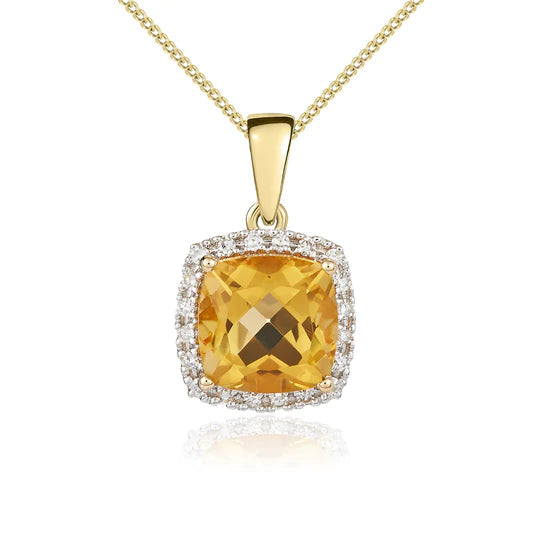 9ct Gold Cushion Citrine & Diamond 8mm Cluster Pendant Necklace