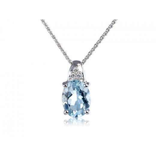 9ct White Gold, 0.08ct Diamond, Necklace, March, Aquamarine, Diamond Necklace, Pendant, New