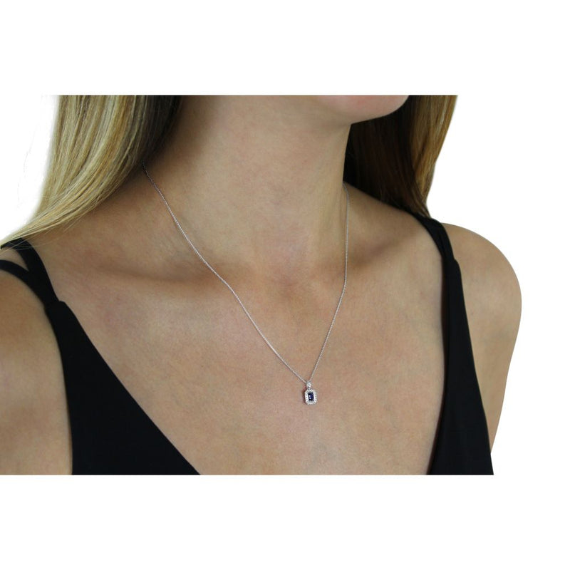 18ct White Gold Sapphire and 0.11ct Diamond Surround Pendant Necklace