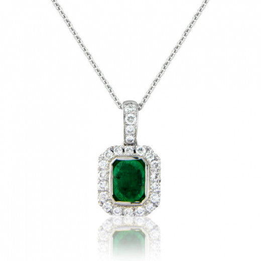 18ct White Gold Emerald and 0.11ct Diamond Surround Pendant Necklace