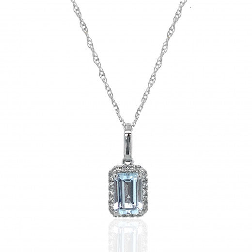 9ct White Gold 0.08ct Diamond and Aquamarine Pendant Necklace