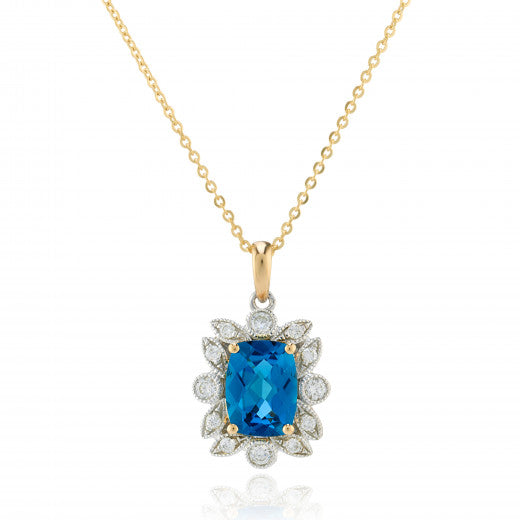 9ct Yellow and White Gold 0.21ct Diamond & London Blue Topaz Pendant Necklace