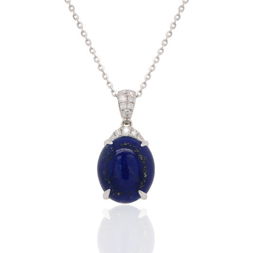 9ct White Gold 0.1ct Diamond & Lapis Pendant Necklace