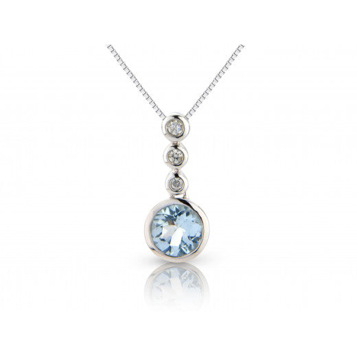 9ct White Gold 0.05ct Diamond & Aquamarine Pendant Necklace