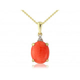 9ct Gold 0.01ct Diamond & Oval Coral Pendant Necklace