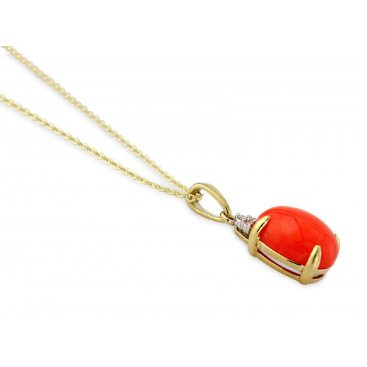 9ct Gold 0.01ct Diamond & Oval Coral Pendant Necklace
