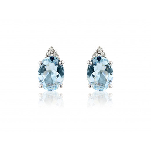 9ct White Gold Oval Aquamarine and 0.06ct Diamond Earrings